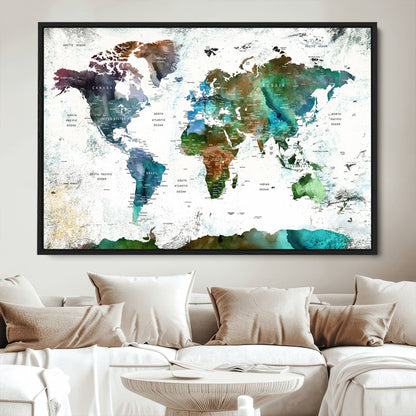 Push Pin World Map Canvas Print – Framed Wall Art for Couples to Track Their Travels – Anniversary Gift or Home Adventure Decor