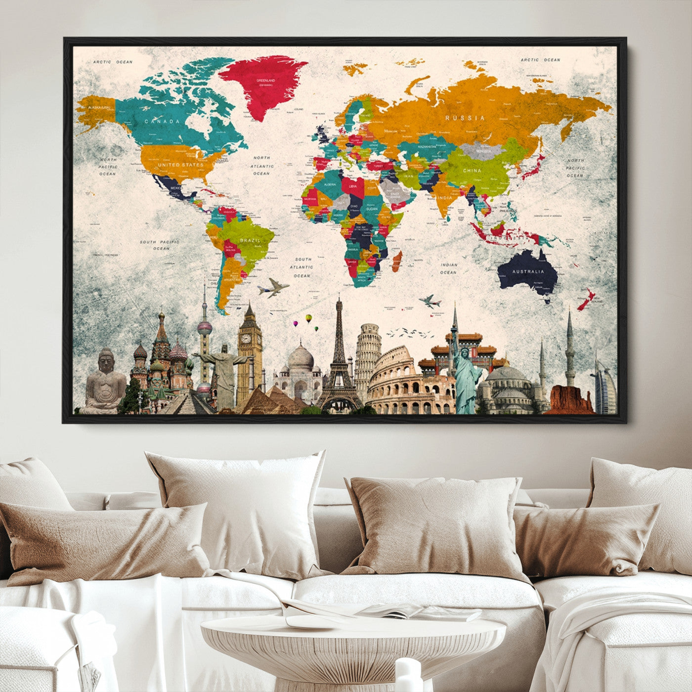 Push Pin World Map Canvas Print – Framed Wall Art for Couples to Track Their Travels – Anniversary Gift or Home Adventure Decor
