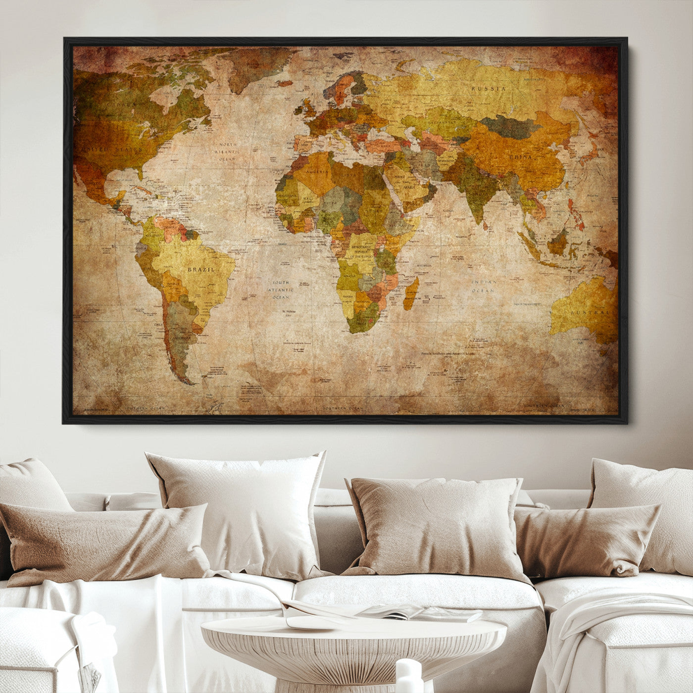 Push Pin World Map Canvas Print – Framed Wall Art for Couples to Track Their Travels – Anniversary Gift or Home Adventure Decor