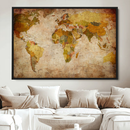 Push Pin World Map Canvas Print – Framed Wall Art for Couples to Track Their Travels – Anniversary Gift or Home Adventure Decor
