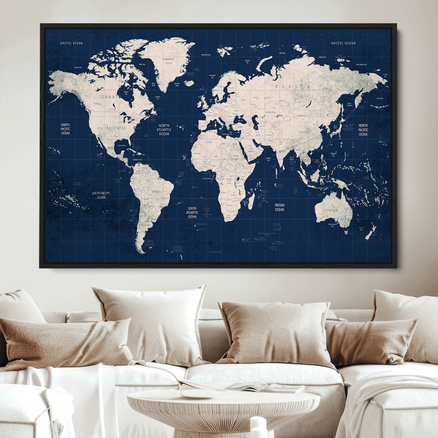 Push Pin World Map Canvas Print – Framed Wall Art for Couples to Track Their Travels – Anniversary Gift or Home Adventure Decor