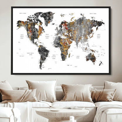 Push Pin World Map Canvas Print – Framed Wall Art for Couples to Track Their Travels – Anniversary Gift or Home Adventure Decor