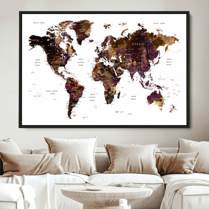 Push Pin World Map Canvas Print – Framed Wall Art for Couples to Track Their Travels – Anniversary Gift or Home Adventure Decor