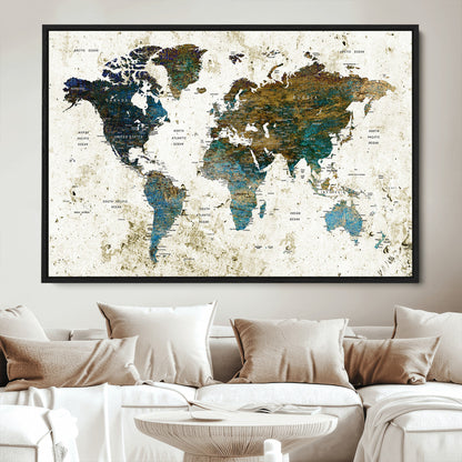 Push Pin World Map Canvas Print – Framed Wall Art for Couples to Track Their Travels – Anniversary Gift or Home Adventure Decor