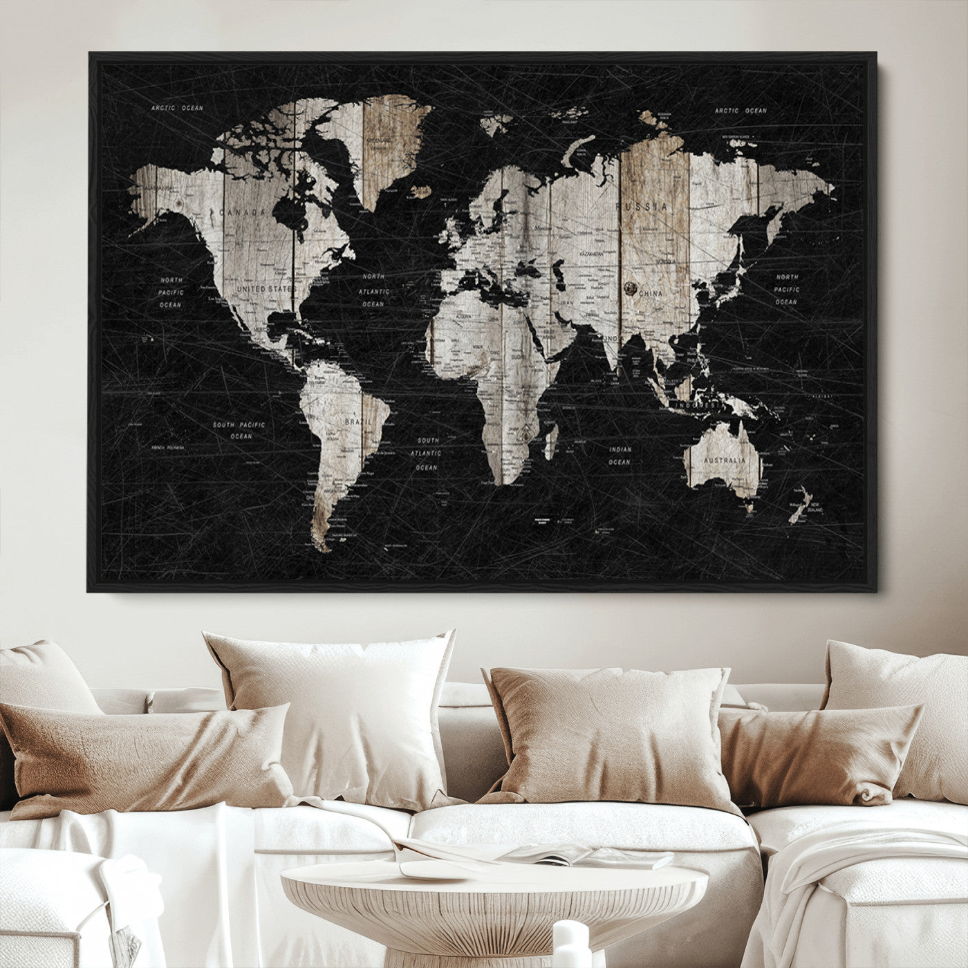 Push Pin World Map Canvas Print – Framed Wall Art for Couples to Track Their Travels – Anniversary Gift or Home Adventure Decor