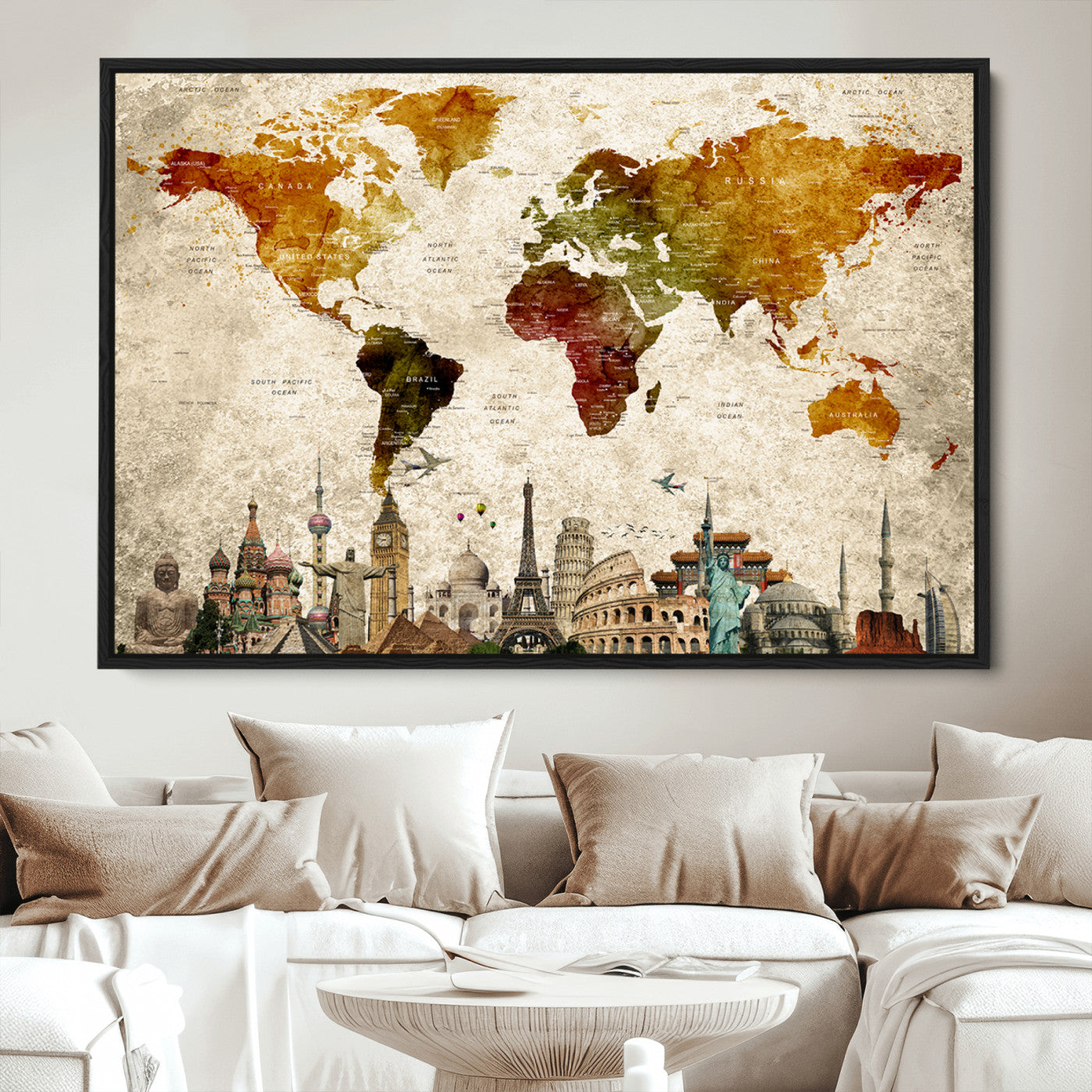 Push Pin World Map Canvas Print – Framed Wall Art for Couples to Track Their Travels – Anniversary Gift or Home Adventure Decor