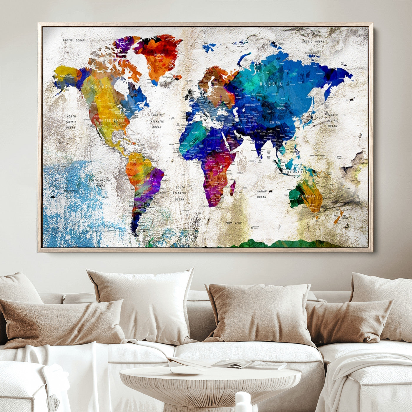 Push Pin World Map Canvas Print – Framed Wall Art for Couples to Track Their Travels – Anniversary Gift or Home Adventure Decor