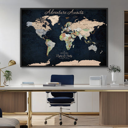 43186793-MGV-CV-30X20-Personalized World Map Print, Customizable Push Pin Framed World Map Print on Canvas - Custom Quote on Map Print