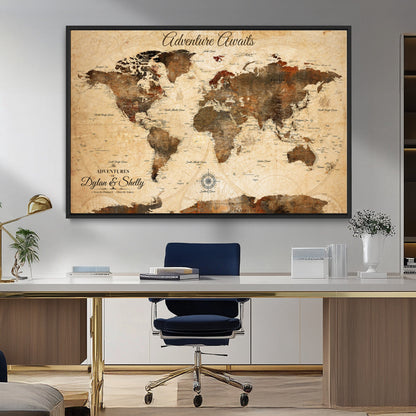 66357947-MGV-CV-36X24-Personalized World Map Print, Customizable Push Pin Framed World Map Print on Canvas - Custom Quote on Map Print