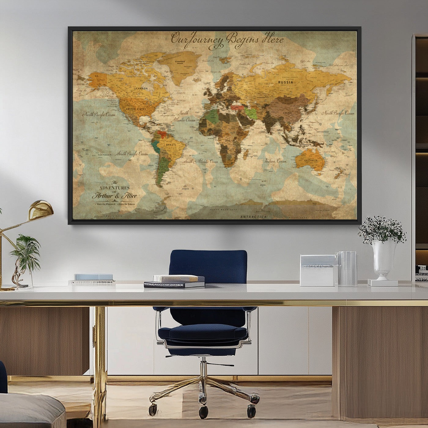75523223-MGV-CV-36X24-Custom Push Pin World Map Wall Canvas Print – Personalized Travel Tracker with Pins – Framed Custom Quotie Canvas for Home Office