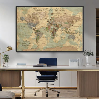17693651-MGV-CV-36X24-Custom Push Pin World Map Wall Canvas Print – Personalized Travel Tracker with Pins – Framed Custom Quotie Canvas for Home Office Decor Art Print