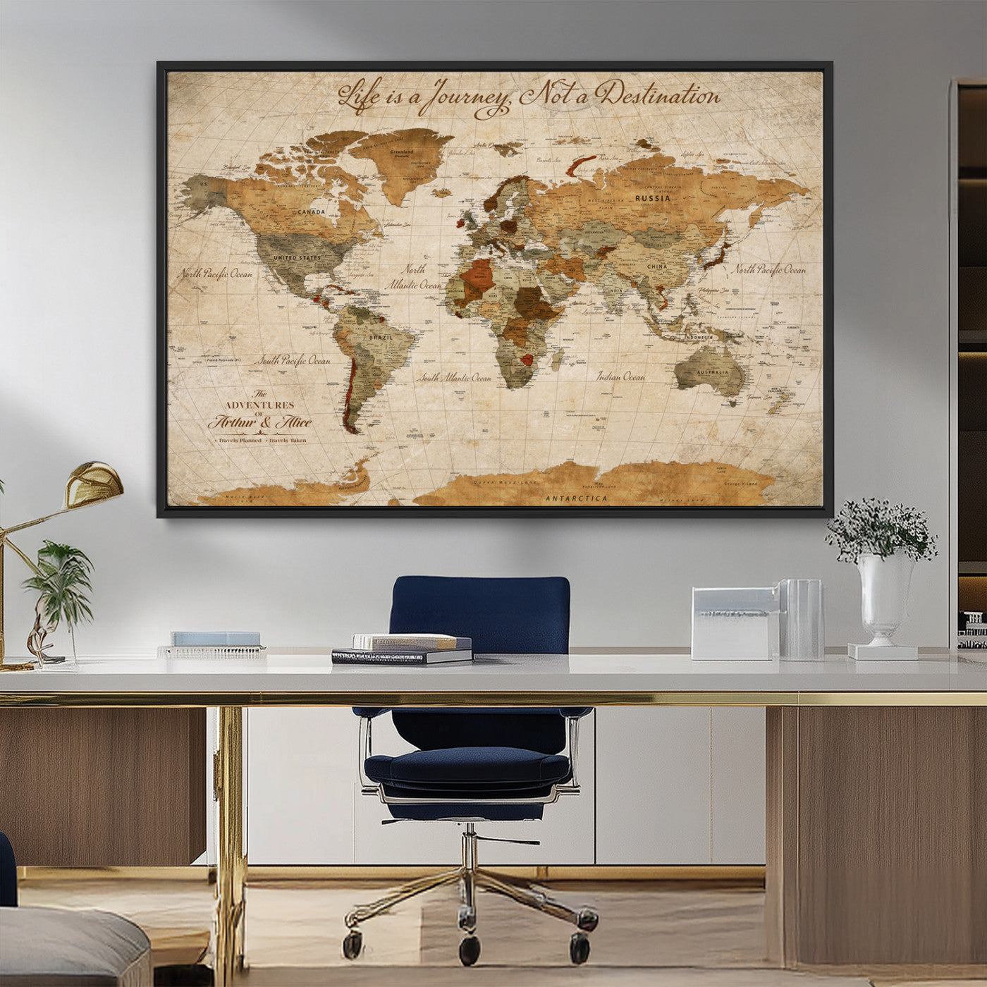 79036691-MGV-CV-30X20-Custom Push Pin World Map Wall Canvas Print – Personalized Travel Tracker with Pins – Framed Custom Quotie Canvas for Home Office Decor