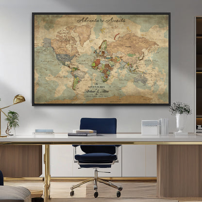 60798273-MGV-CV-30X20-Custom Push Pin World Map Wall Canvas Print – Personalized Travel Tracker with Pins – Framed Custom Quotie Canvas for Home Office Decor