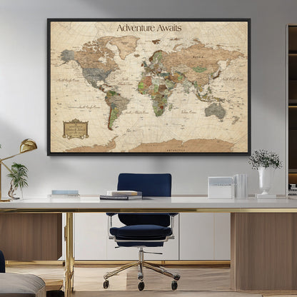 33020399-MGV-CV-30X20-Custom Push Pin World Map Wall Canvas Print – Personalized Travel Tracker with Pins – Framed Custom Quotie Canvas for Home Office Decor