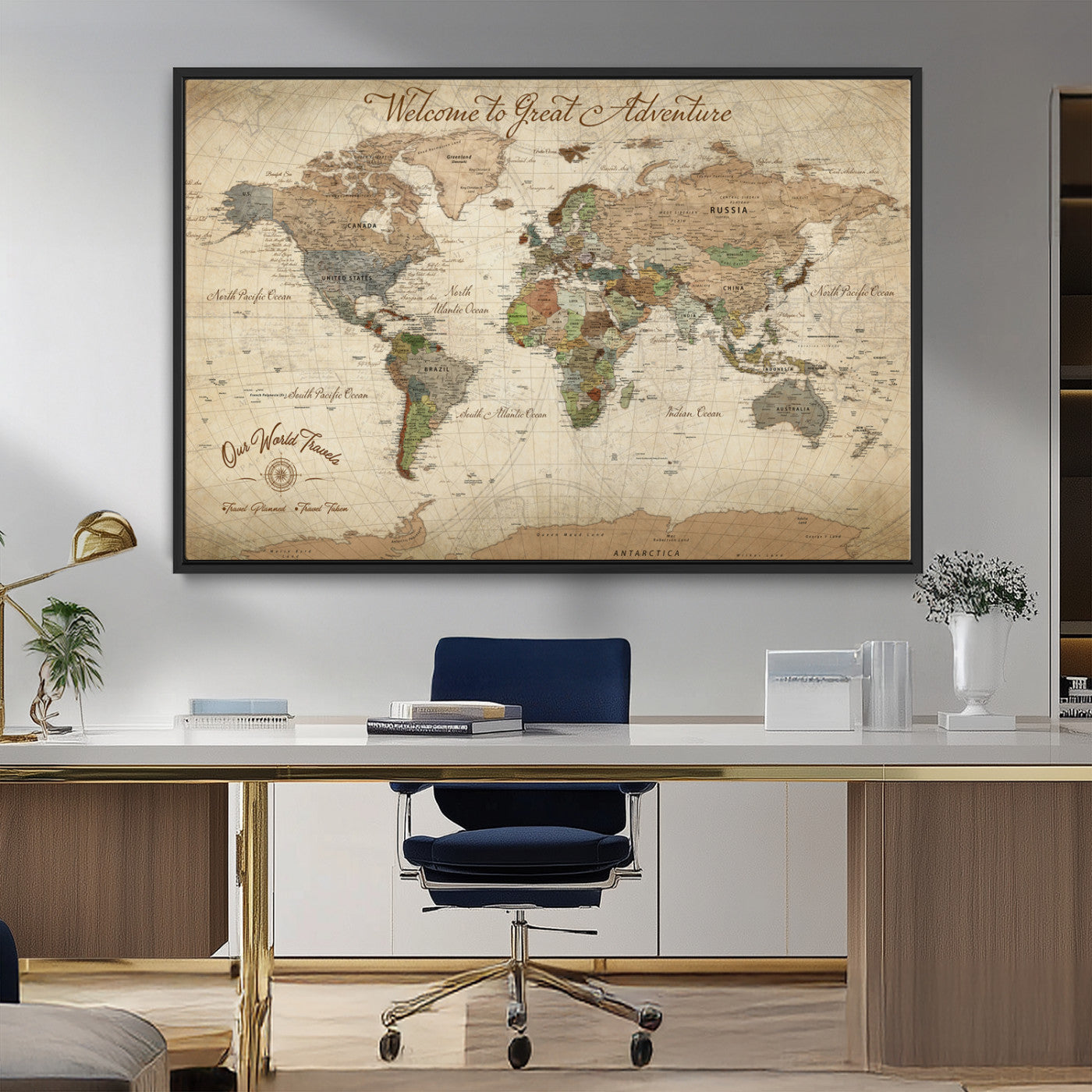 76478536-MGV-CV-30X20-Custom Push Pin World Map Wall Canvas Print – Personalized Travel Tracker with Pins – Framed Custom Quotie Canvas for Home Office Decor