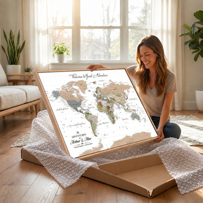 85396539-MGV-CV-36X24 - Custom Beige Push Pin World Map Wall Art, Bucket List Map, Study and Hallway Decor