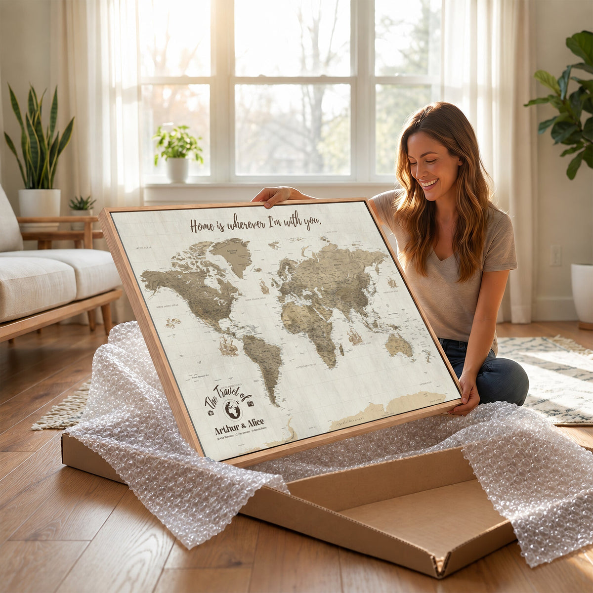 Custom Beige Geometric World Map Canvas with Push Pins, Honeymoon and Anniversary Gift, Dining Room and Hallway Decor