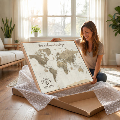 Custom Beige Geometric World Map Canvas with Push Pins, Honeymoon and Anniversary Gift, Dining Room and Hallway Decor