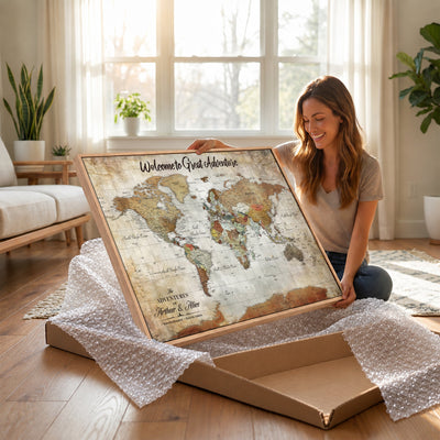 Personalized Beige Push Pin World Map Wall Art, Bucket List Map, Living Room and Family Room Decor