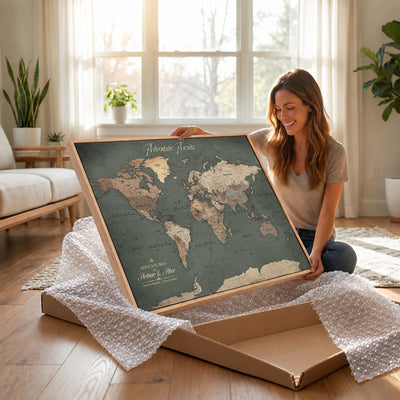 Personalized Framed Beige Modern World Map Canvas with Push Pins, Bucket List Map, Family Room and Dining Room Decor