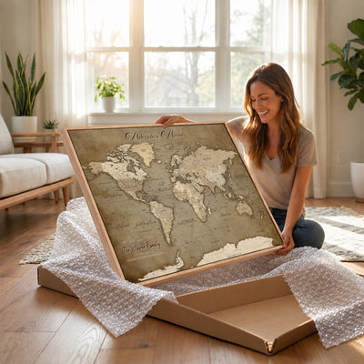 Custom Beige Modern Push Pin World Map Canvas Print, Family Travel Tracker, Dining Room and Home Office Decor