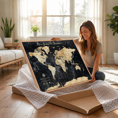 Personalized Framed Navy Modern Push Pin World Map Canvas Print, Couples Countries Visited Map, Family Room and Study Decor