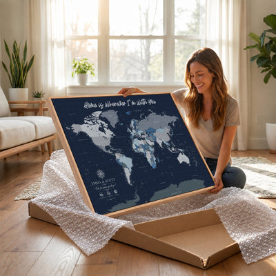 NEWMAP-18-MGV-CV-36X24 - Custom Push Pin World Map Wall Art Canvas Print | Personalized Travel Tracker with Pins Framed Large Print - NEWMAP-18