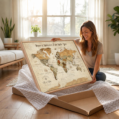 Personalized Framed Black Modern Push Pin World Map Wall Art, Couples Countries Visited Map, Dining Room and Hallway Decor