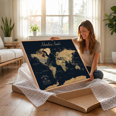 45739634-MGV-CV-36X24 - Custom Push Pin World Map Wall Art Canvas Print | Personalized Travel Tracker with Pins Framed Large for Home and Office Decor