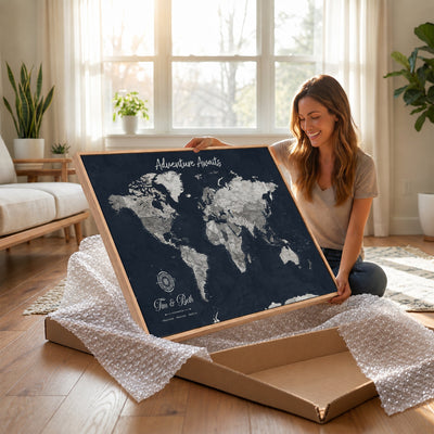 Personalized Framed Beige Vintage Push Pin World Map Wall Art, Bucket List Map, Study and Hallway Decor