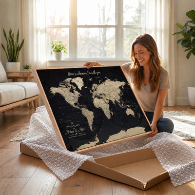 Personalized Framed Beige Modern Push Pin World Map Canvas Print, Places Visited Tracker, Family Room and Bedroom Decor