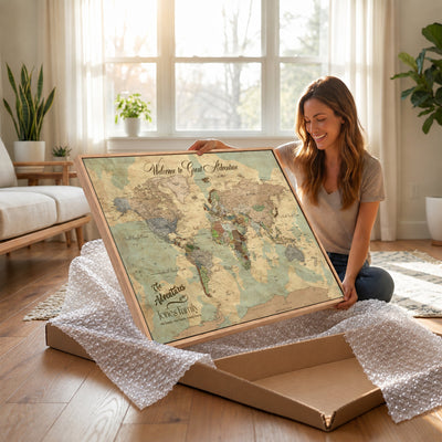 Personalized Framed Navy Vintage Push Pin World Map Wall Art, Places Visited Tracker, Bedroom and Hallway Decor