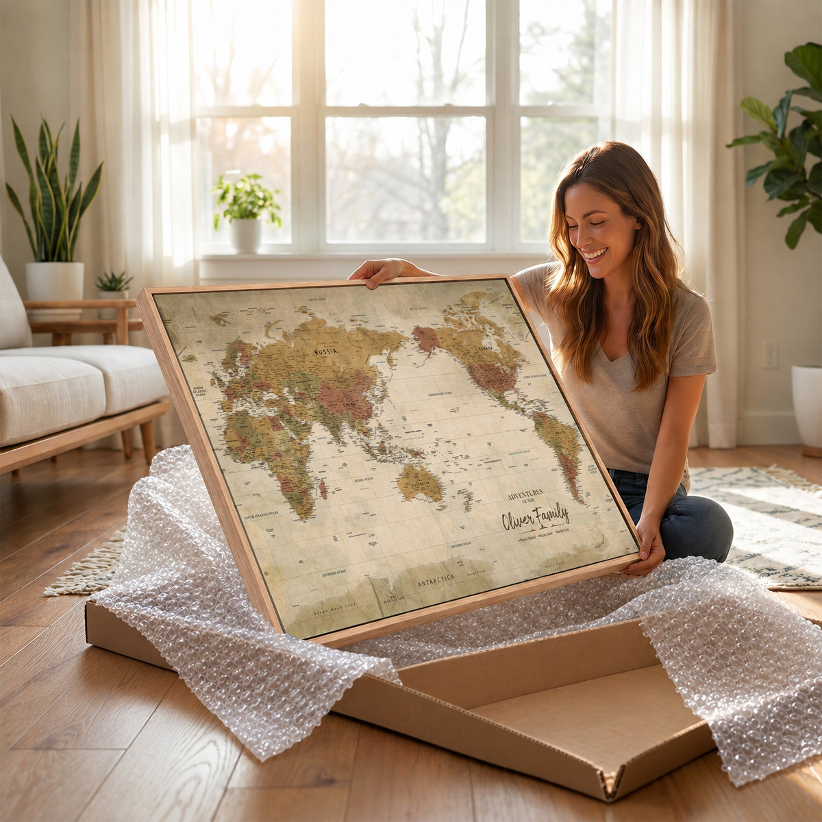 Personalized Framed Navy Modern World Map Canvas with Push Pins, Bucket List Map, Living Room and Entryway Decor