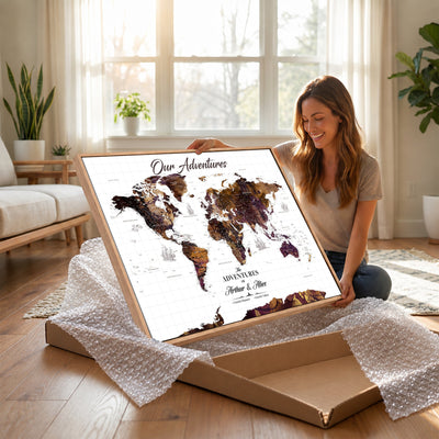 Personalized Framed Beige Vintage Push Pin Travel Map Canvas Print, Next Trip Planner Map, Home Office and Entryway Decor