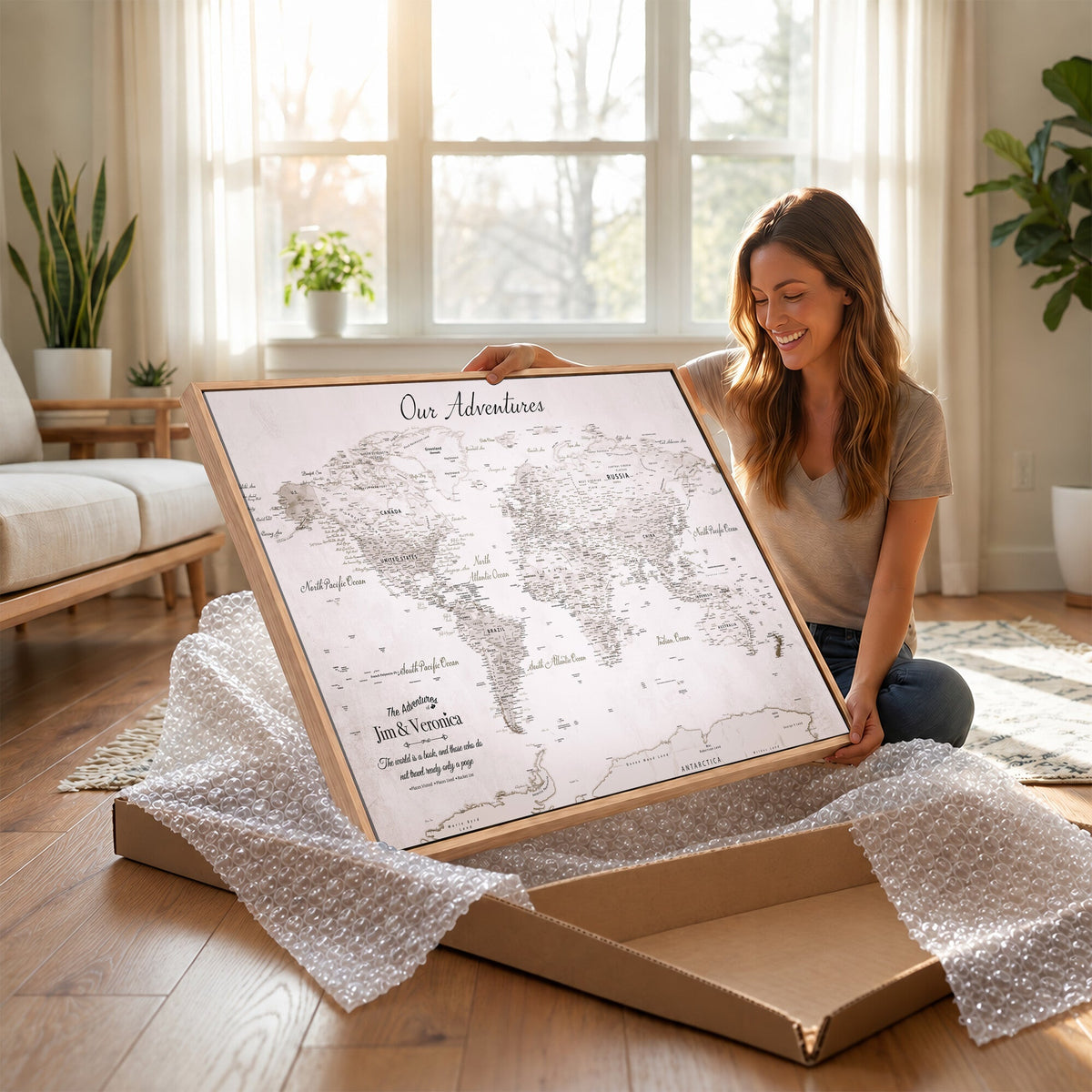Personalized Beige Vintage World Travel Map Wall Art with Pins, Honeymoon and Anniversary Gift, Entryway and Hallway Decor
