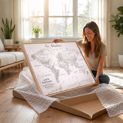Personalized Beige Vintage World Travel Map Wall Art with Pins, Honeymoon and Anniversary Gift, Entryway and Hallway Decor