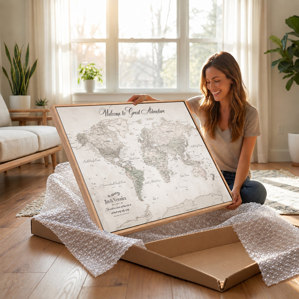 84311132-MGV-CV-36X24 - Personalized Beige World Map Canvas with Push Pins, Places Visited Tracker, Family Room and Entryway Decor