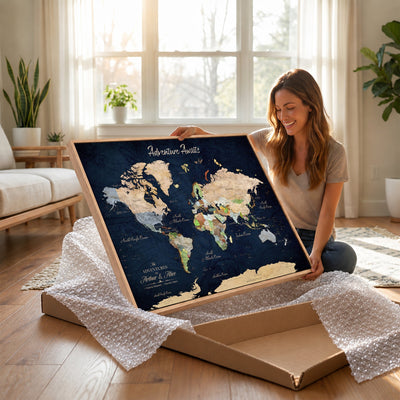 Personalized Beige Antique Push Pin Travel Map Canvas Print, Bucket List Map, Dining Room and Entryway Decor