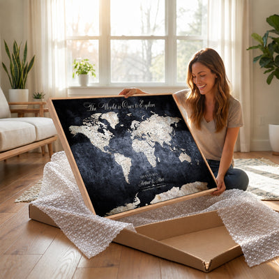 Personalized Beige Modern Push Pin Travel Map Canvas Print, Places Visited Tracker, Study and Entryway Decor