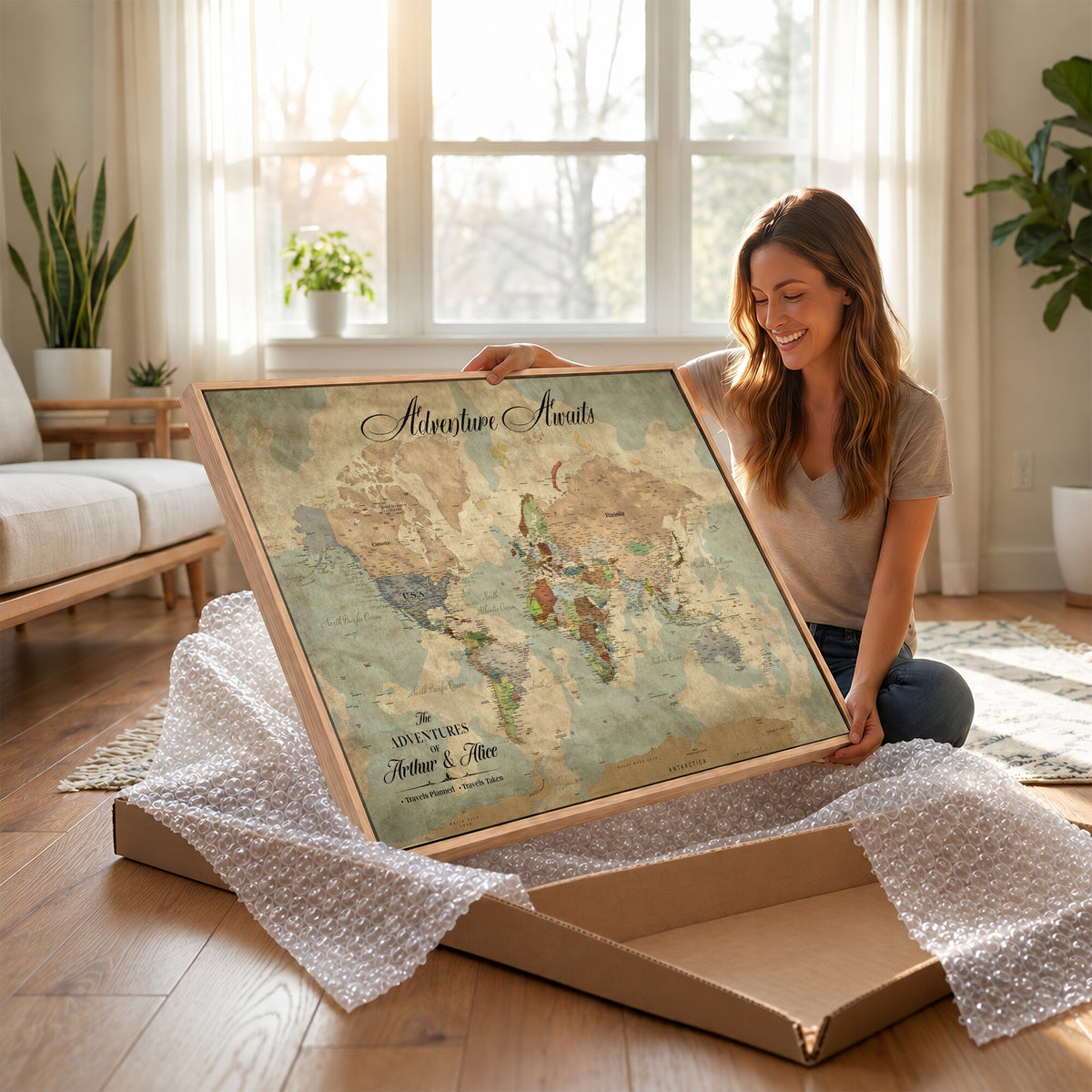 Custom Beige World Travel Map Wall Art with Pins, Bucket List Map, Dining Room and Study Decor