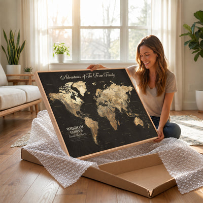 Personalized Framed Beige World Travel Map Wall Art with Pins, Couples Countries Visited Map, Family Room and Dining Room Decor
