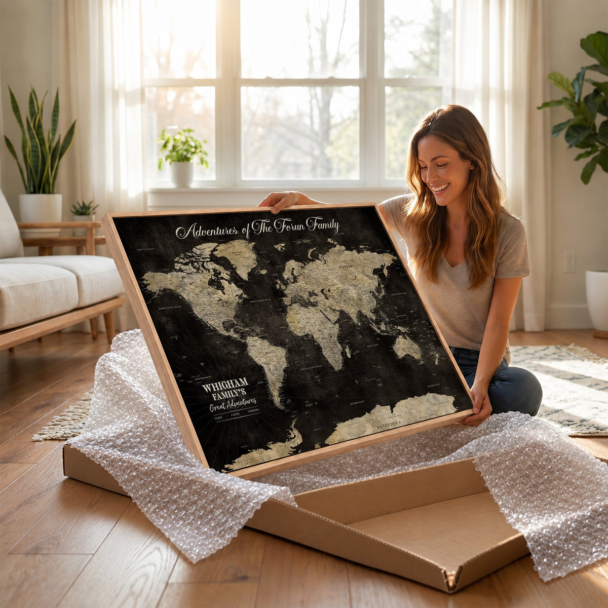 Personalized Framed Black Modern World Map Canvas with Push Pins, Next Trip Planner Map, Dining Room and Home Office Decor