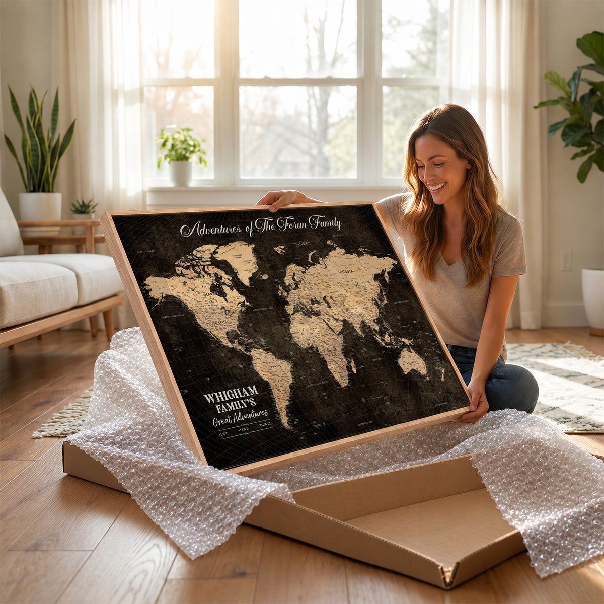 Personalized Framed Beige Geometric Push Pin Travel Map Canvas Print, Honeymoon and Anniversary Gift, Dining Room and Hallway Decor
