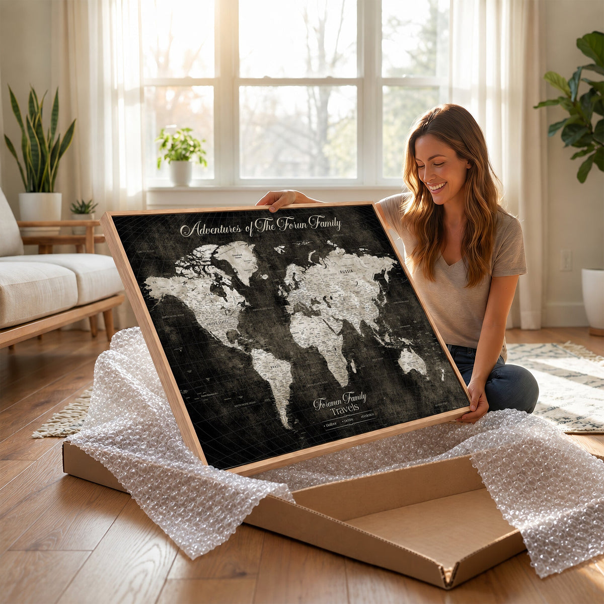 Personalized Framed Beige Push Pin World Map Canvas Print, Couples Countries Visited Map, Dining Room and Study Decor