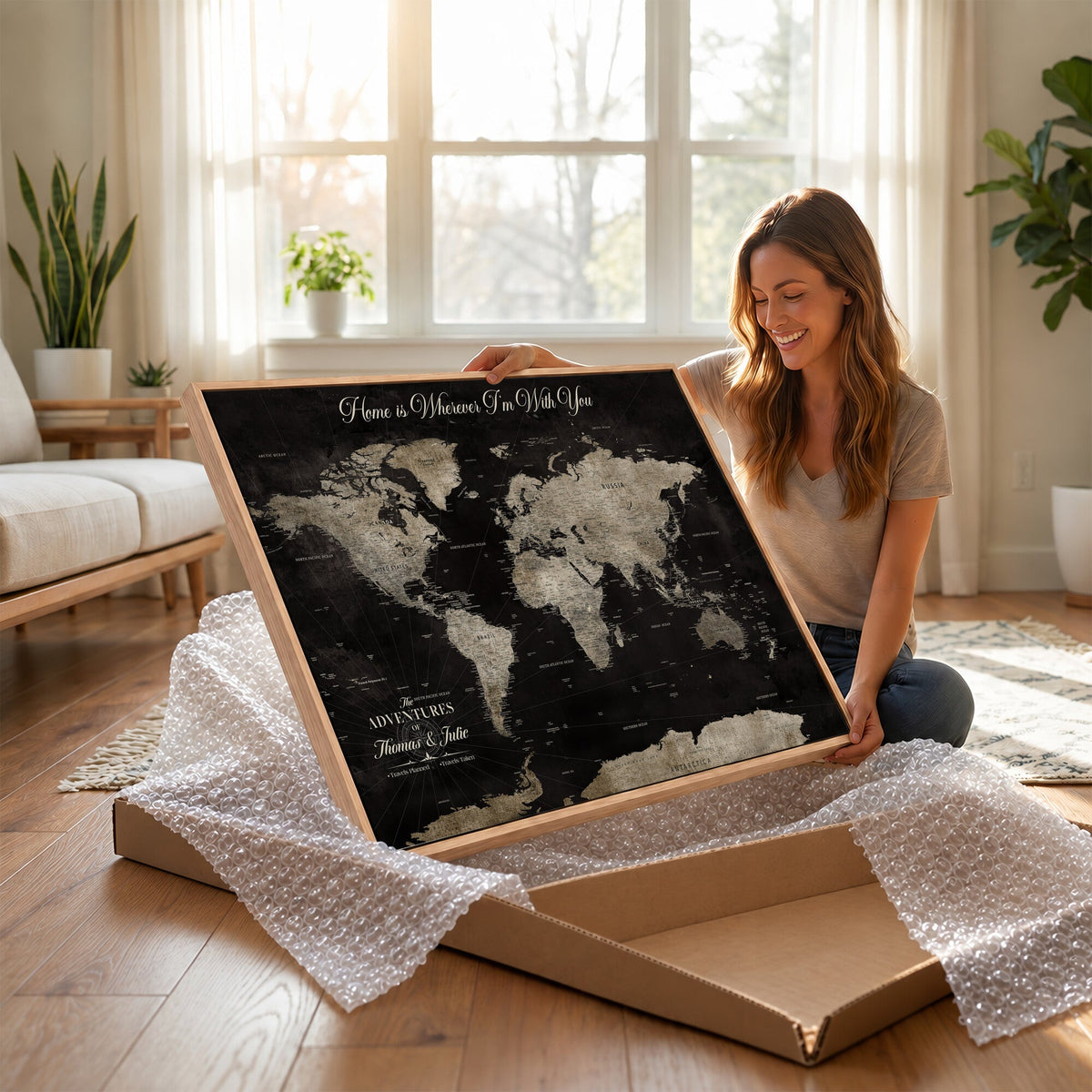 Personalized Framed Black Geometric World Map Canvas with Push Pins, Bucket List Map, Living Room and Dining Room Decor