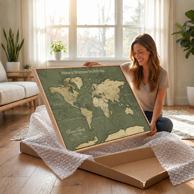 31715895-MGV-CV-36X24 - Custom Push Pin World Map Wall Art Canvas Print | Personalized Travel Tracker with Pins Framed Large for Home and Office Decor