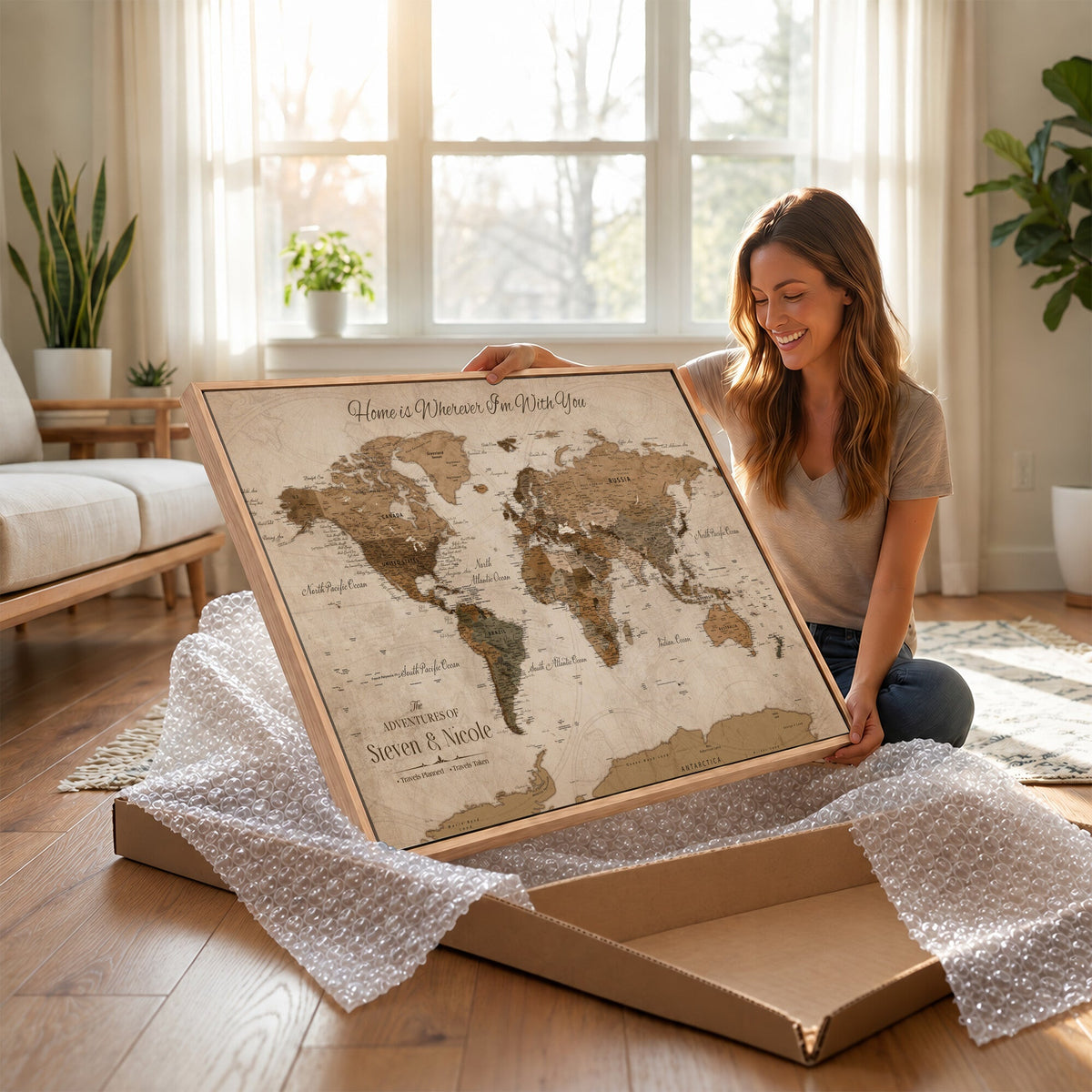 Personalized Framed Beige World Map Canvas with Push Pins, Honeymoon and Anniversary Gift, Living Room and Hallway Decor