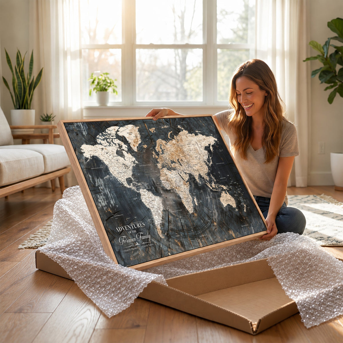 Personalized Framed Beige Push Pin World Map Canvas Print, Bucket List Map, Living Room and Hallway Decor