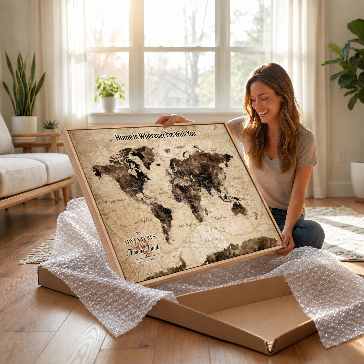 Personalized Framed Beige Modern World Travel Map Wall Art with Pins, Family Adventure Map, Living Room and Hallway Decor