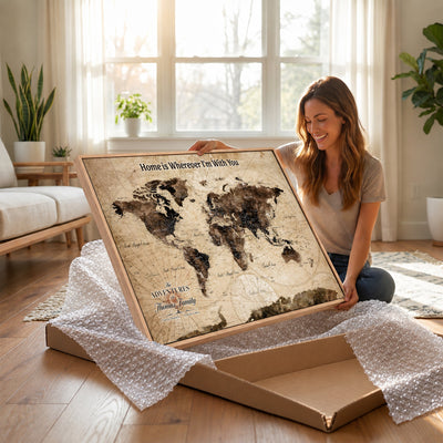 Personalized Framed Beige Modern World Travel Map Wall Art with Pins, Family Adventure Map, Living Room and Hallway Decor